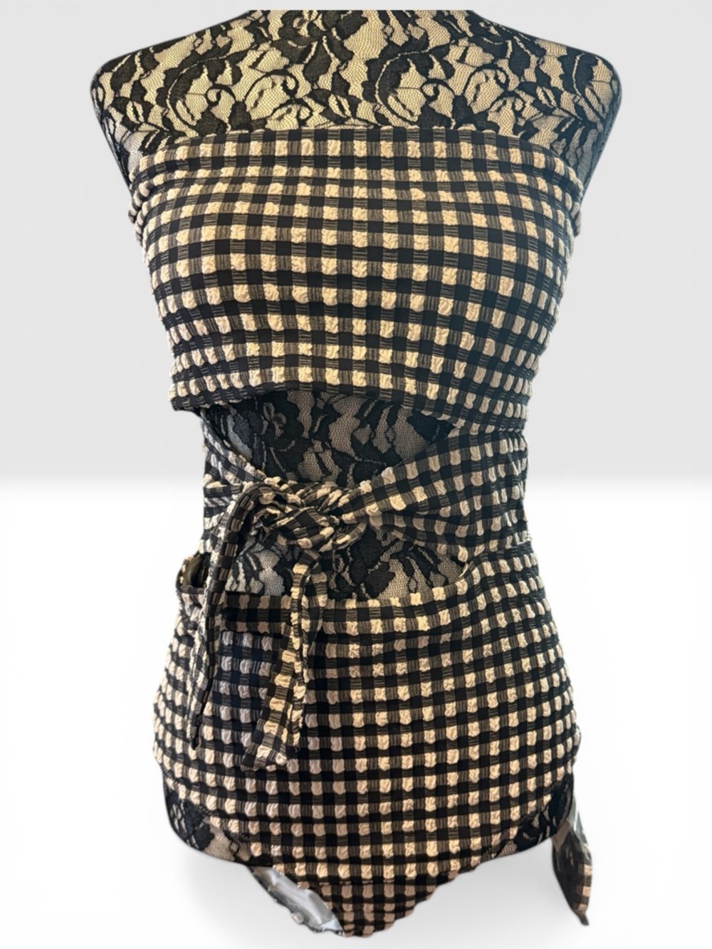 Aerie Gingham Lace Up Cutout One Piece Swimsuit Size L Long NWT